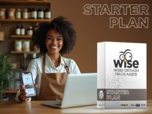 Frau präsentiert das Starter Webdesign-Paket von WISE Webagentur – Website Kosten ab 1499 € für kleine Unternehmen